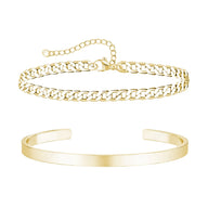 Duo de bracelets homme en acier inoxydable doré, jonc lisse et chaîne cubaine fine ajustable.
