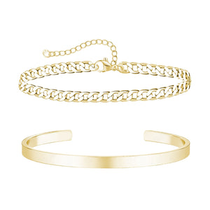 Duo de bracelets homme en acier inoxydable doré, jonc lisse et chaîne cubaine fine ajustable.