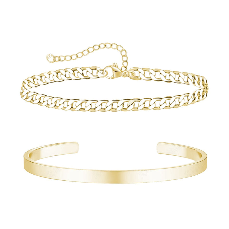 Duo de bracelets homme en acier inoxydable doré, jonc lisse et chaîne cubaine fine ajustable.