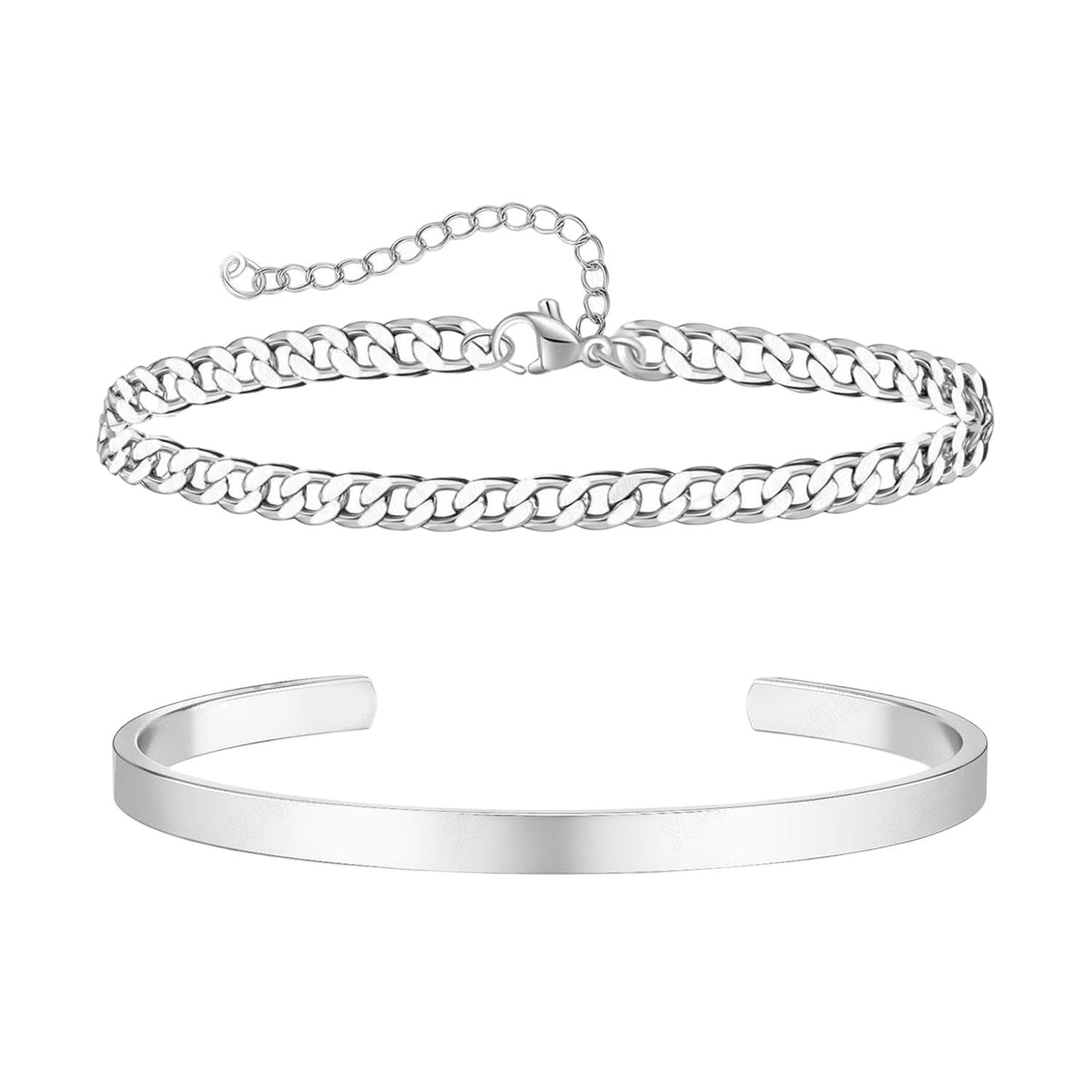 Duo de bracelets homme acier inoxydable, jonc lisse et maille cubaine fine argentée.