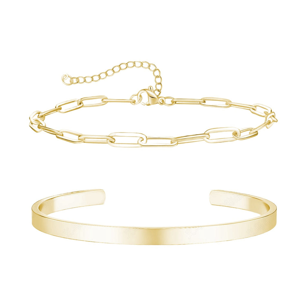 Duo de bracelets homme en acier inoxydable doré, jonc lisse et chaîne fine maillons allongés.