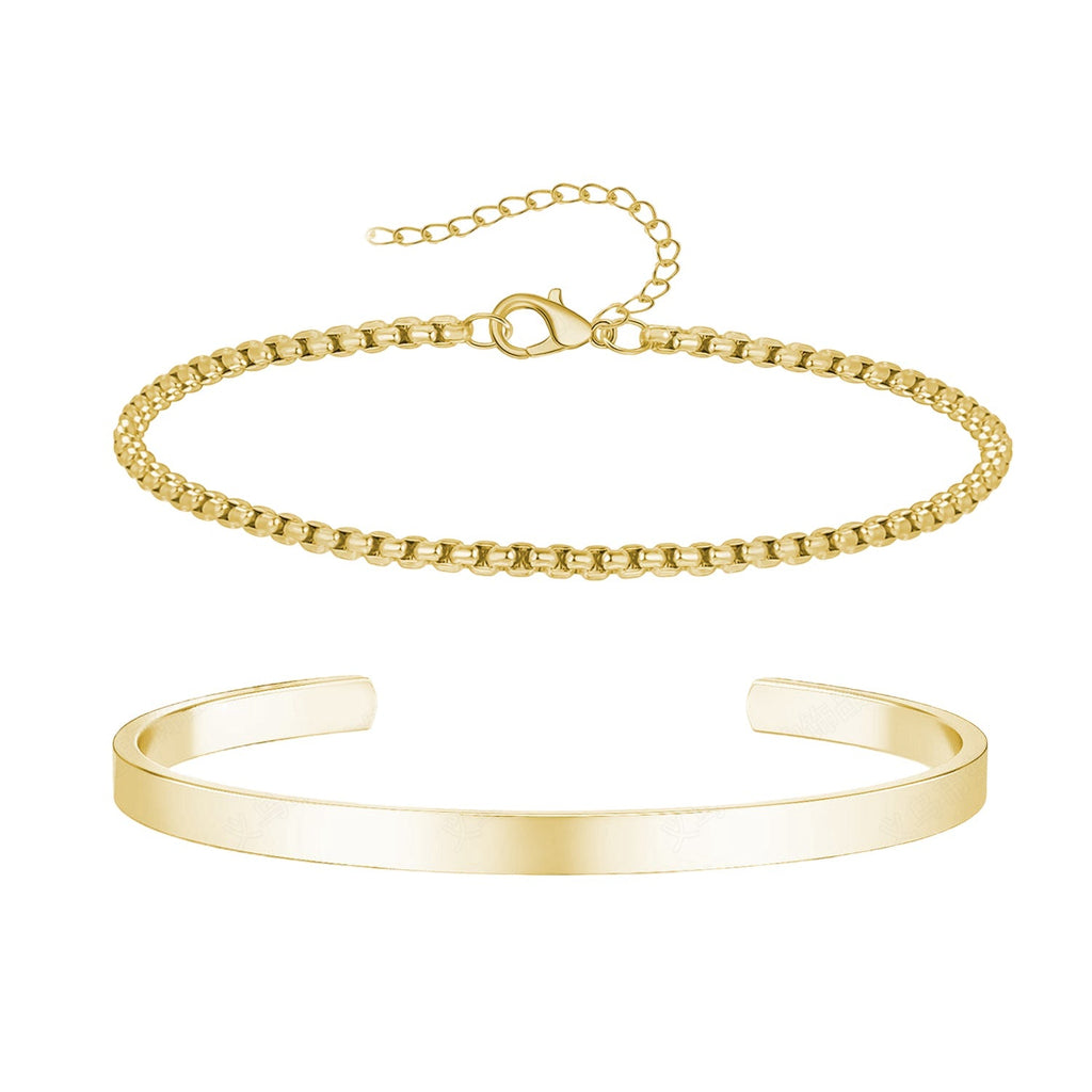 Duo de bracelets homme en acier inoxydable doré, jonc lisse et chaîne maille fine avec fermoir œillet.