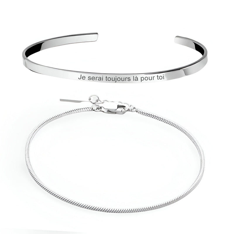 Duo de bracelets homme en acier inoxydable, jonc gravé et maille fine ajustable.