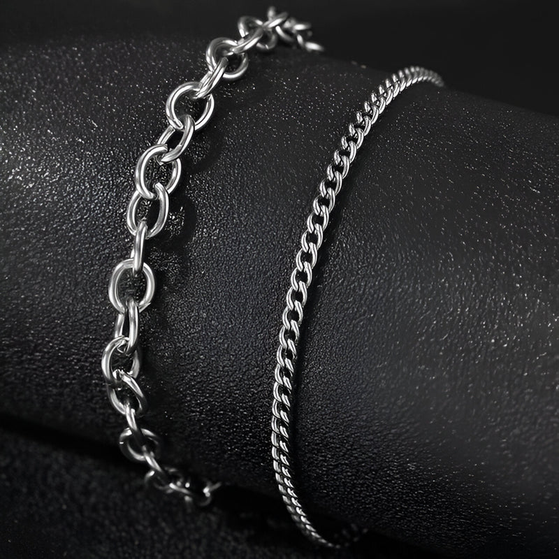 Duo de bracelets en acier inoxydable argenté, chaîne large et fine élégante, modèle Priscilla.