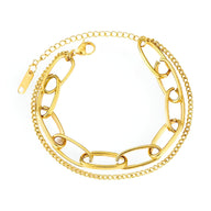 Duo de bracelets ajustables en acier inoxydable doré, un chaîne maillons larges, un chaîne fine maille serpent.