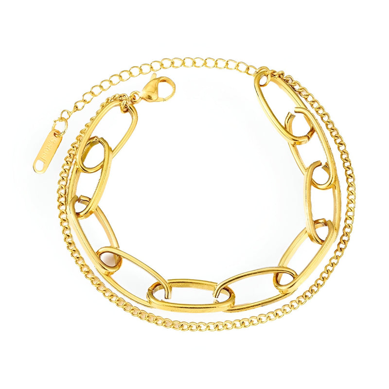 Duo de bracelets ajustables en acier inoxydable doré, un chaîne maillons larges, un chaîne fine maille serpent.