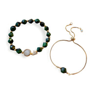 Duo de bracelets femme avec perles en œil de tigre vert foncé et détails dorés, modèle Kaida.