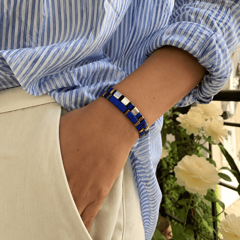Dúo de pulseras de perlas japonesas Miyuki azul real y blanco, conjunto para mujer, joyas elásticas para la muñeca, lote de dos piezas, accesorios elegantes y con carácter, modelo Kenade