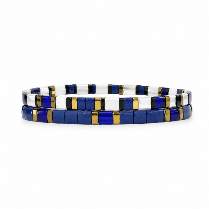 Dúo de pulseras de perlas japonesas Miyuki azul real y blanco, conjunto para mujer, joyas elásticas para la muñeca, lote de dos piezas, accesorios elegantes y con carácter, modelo Kenade