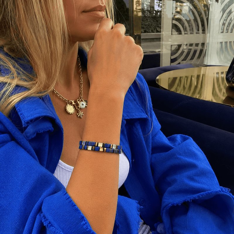 Dúo de pulseras de perlas japonesas Miyuki azul real y blanco, conjunto para mujer, joyas elásticas para la muñeca, lote de dos piezas, accesorios elegantes y con carácter, modelo Kenade