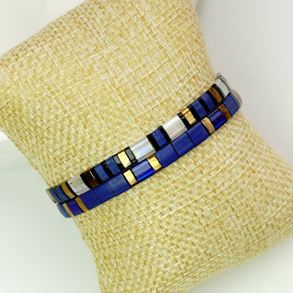 Dúo de pulseras de perlas japonesas Miyuki azul real y blanco, conjunto para mujer, joyas elásticas para la muñeca, lote de dos piezas, accesorios elegantes y con carácter, modelo Kenade