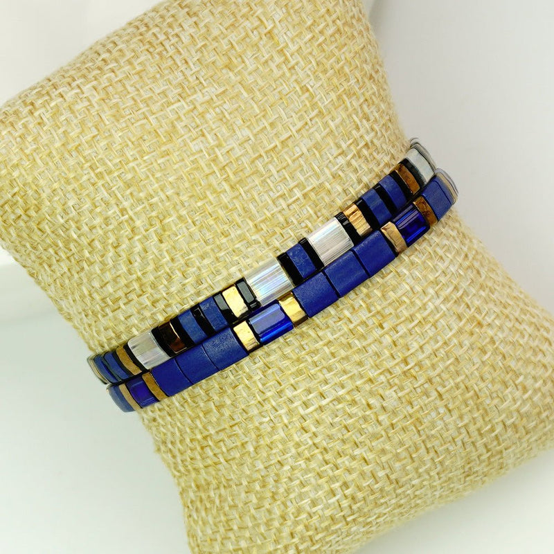 Dúo de pulseras de perlas japonesas Miyuki azul real y blanco, conjunto para mujer, joyas elásticas para la muñeca, lote de dos piezas, accesorios elegantes y con carácter, modelo Kenade