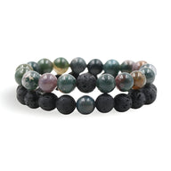 Duo de bracelets mixte en pierres naturelles multicolores et perles noires en lave volcanique.