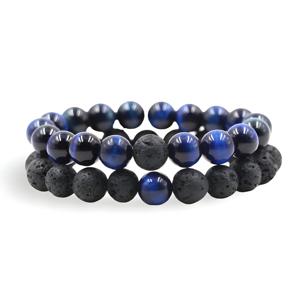 Duo de bracelets mixte en pierres naturelles bleu oeil de tigre et perles noires volcaniques mate.