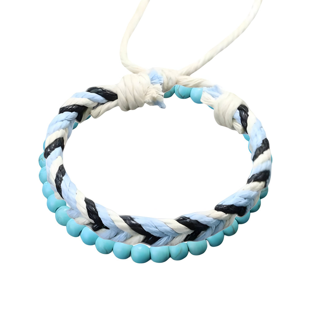 Duo de bracelets tressés en corde blanche, bleue et noire avec perles turquoise, style authentique.