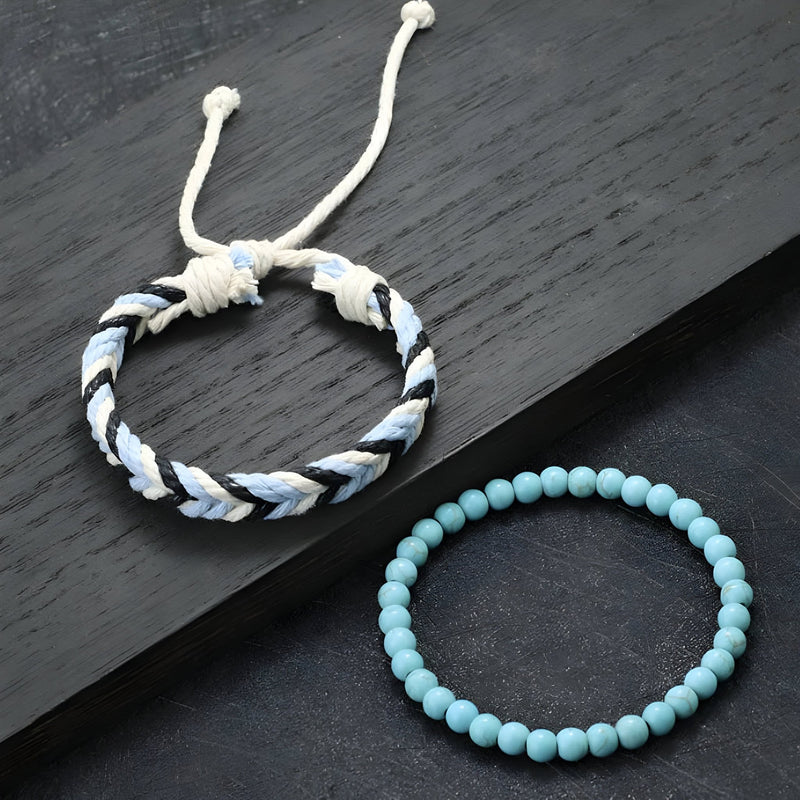 Duo de bracelets homme en perles turquoise et corde tressée bleu et blanc avec nœud coulissant.