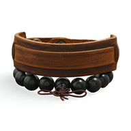 Duo de bracelets homme marron, large cuir lisse et perles de bois noir avec cordon noué.