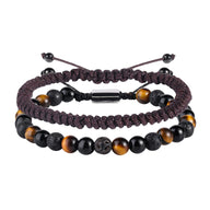 Duo de bracelets tressés en fil ciré marron avec perles naturelles noires et œil de tigre, style tibétain pour homme, modèle