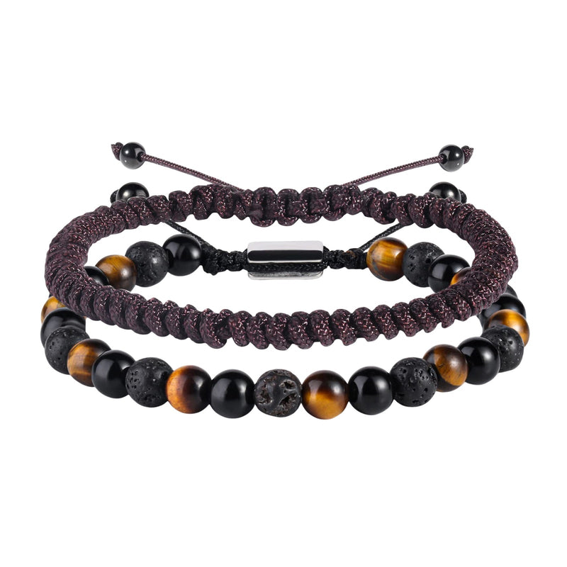 Duo de bracelets tressés en fil ciré marron avec perles naturelles noires et œil de tigre, style tibétain pour homme, modèle