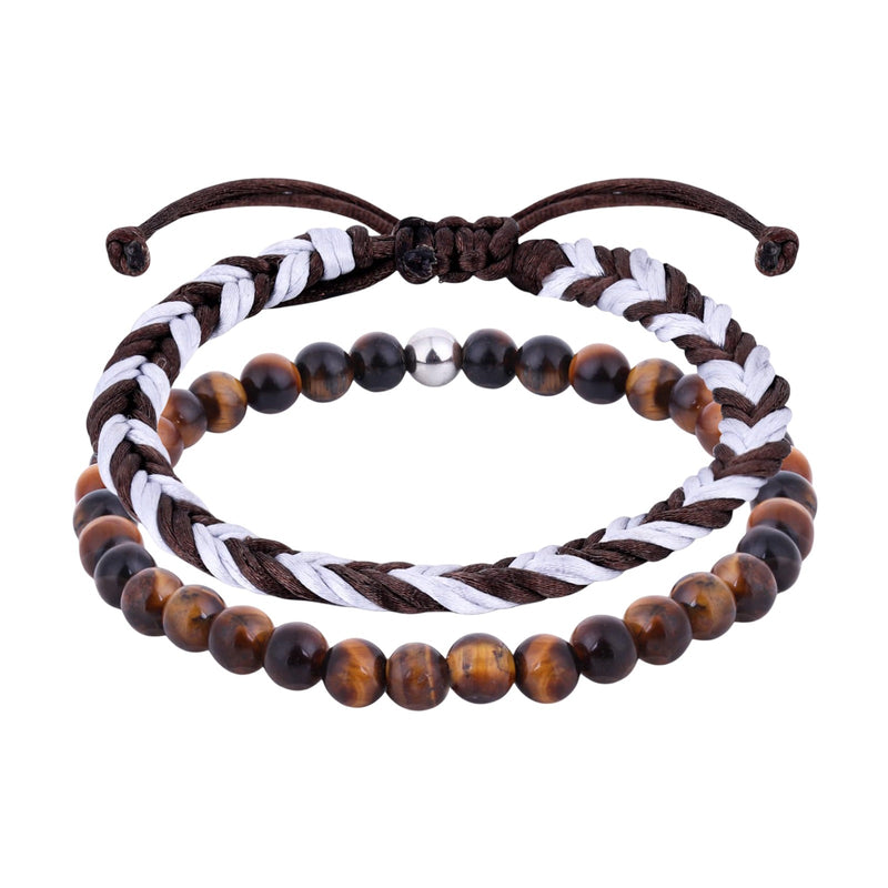 Duo de bracelets pour homme, l’un en perles naturelles marron et noire, l’autre en fil ciré tressé blanc et marron, fermoir.