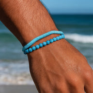 Duo de bracelets pour homme en fil ciré turquoise et perles rondes en pierre naturelle bleu vif, style tibétain.