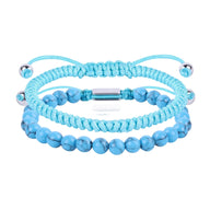 Duo de bracelets en fil ciré turquoise et pierres naturelles bleu clair avec perles rondes et fermoir coulissant en métal.