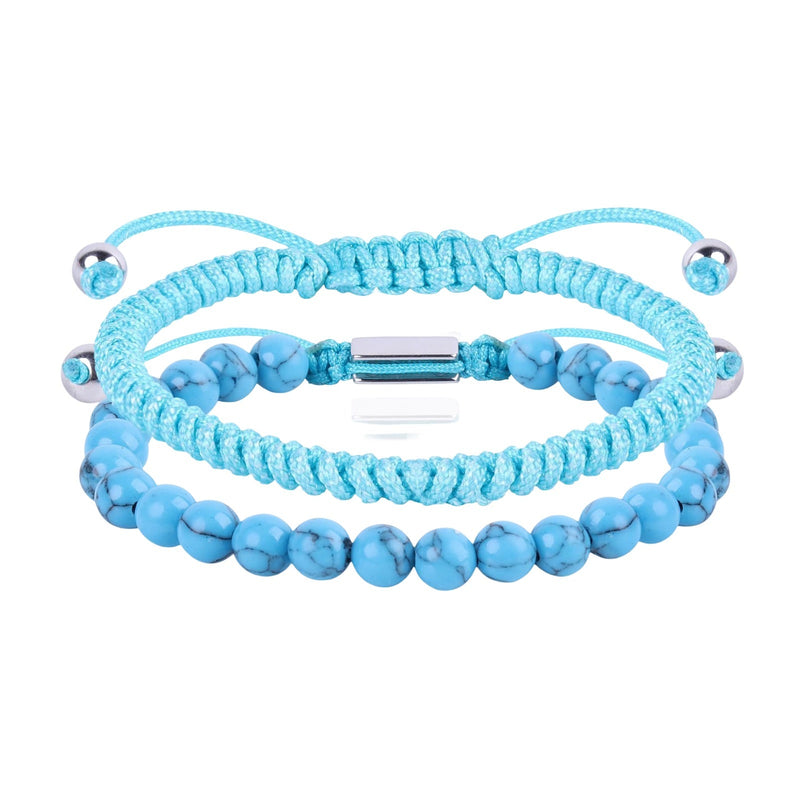 Duo de bracelets en fil ciré turquoise et pierres naturelles bleu clair avec perles rondes et fermoir coulissant en métal.