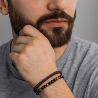 Duo de bracelets pour homme en pierres naturelles noires et fil ciré brun, style tibétain porte-bonheur.