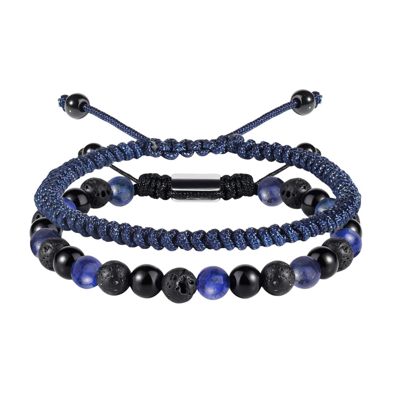 Duo de bracelets pour homme avec pierres naturelles bleues et noires, fil ciré bleu tressé et réglable.
