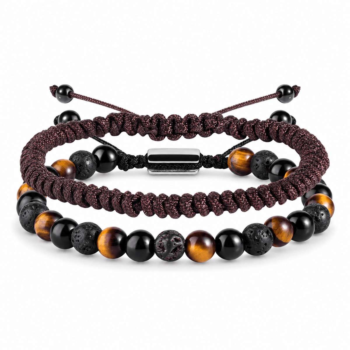 Bracelets Edouardo Oeil de tigre / Obsidienne / Pierre Volcanique – packshot studio frontal sur fond blanc