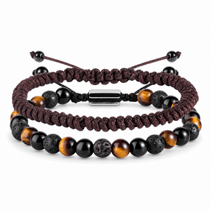 Bracelets Edouardo Oeil de tigre / Obsidienne / Pierre Volcanique – packshot studio frontal sur fond blanc