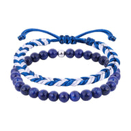 Duo de bracelets pour homme, un en pierres naturelles bleu foncé, l'autre en fil ciré bleu et blanc tressé, fermoir.
