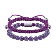Duo de bracelets pour homme en pierres violettes naturelles et fil ciré violet tressé avec perles argentées et fermoir.