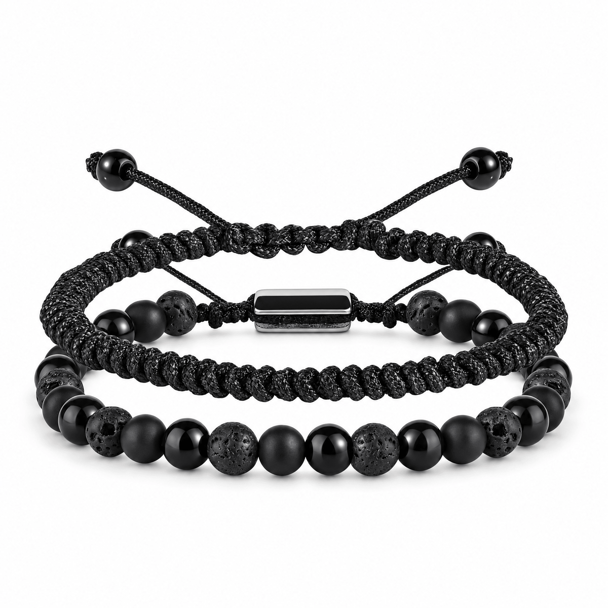 Bracelets Edouardo Obsidienne / Pierre Volcanique – packshot studio frontal sur fond blanc