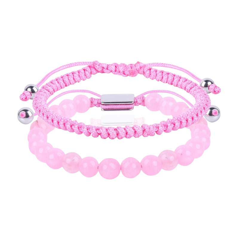 Duo de bracelets roses en pierres naturelles rondes et fil ciré tressé avec perles métalliques argentées.