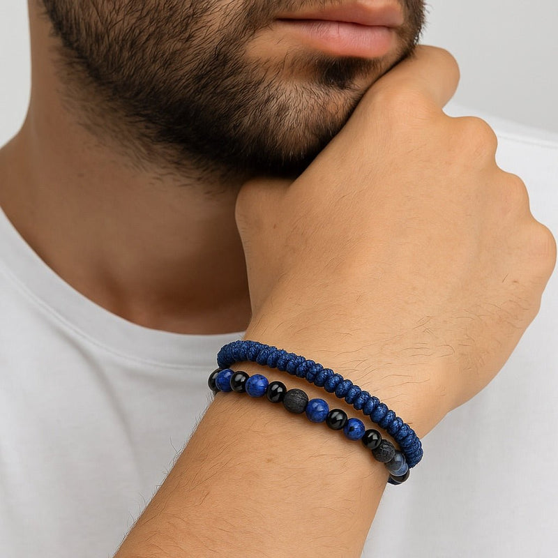 Duo de bracelets homme en pierres naturelles bleu marine et fil ciré bleu, style tibétain porte-bonheur.