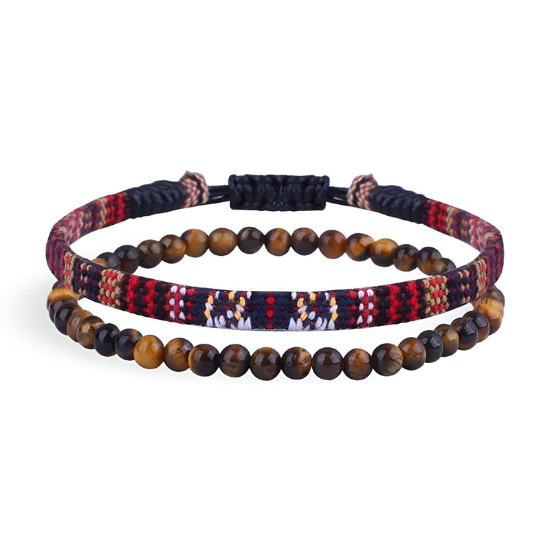 Duo de bracelets hommes en pierres naturelles œil de tigre et fil ciré noir rouge motifs tibétains.