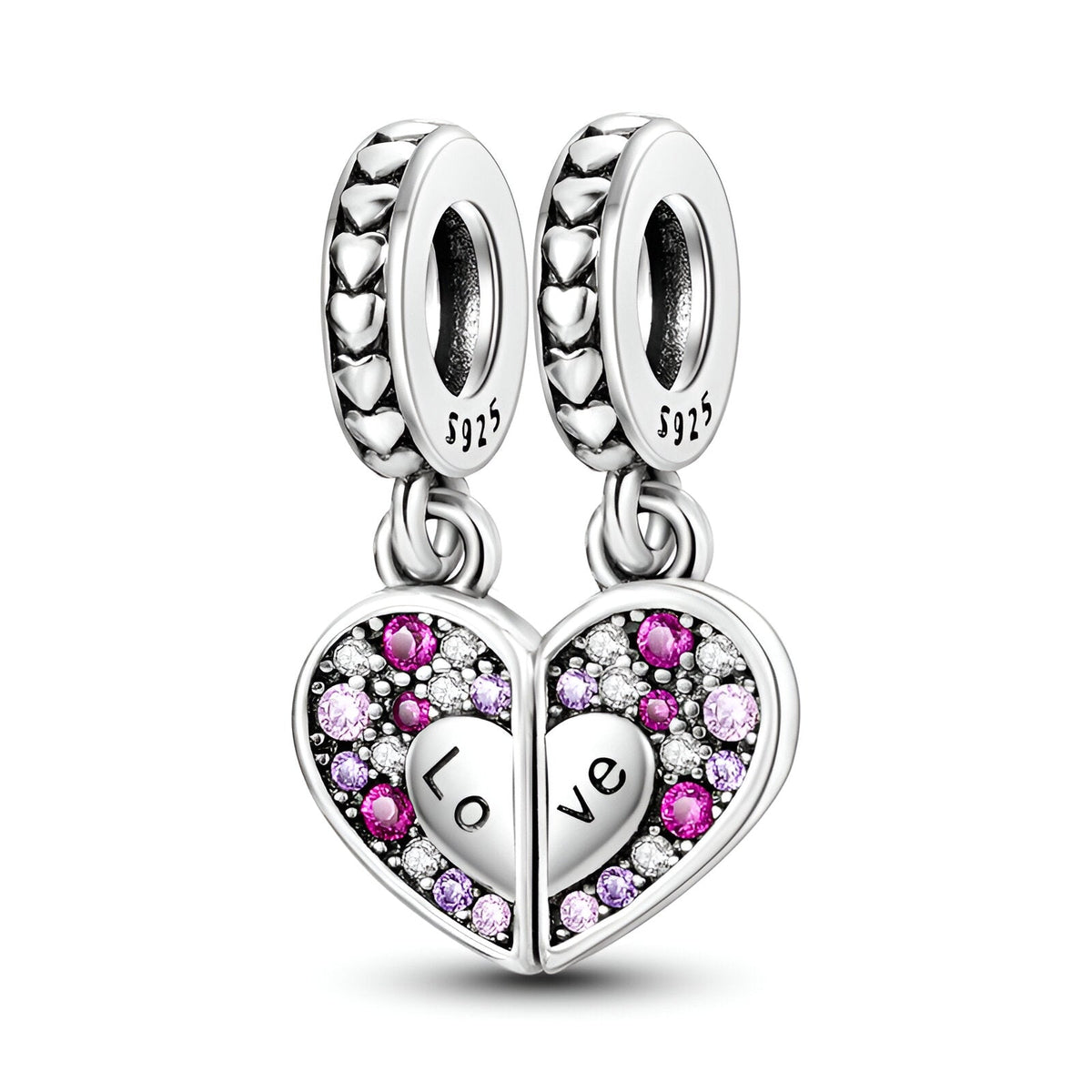 Pendentif duo cœur mère-fille en argent avec pierres roses et blanches, inscription Love.