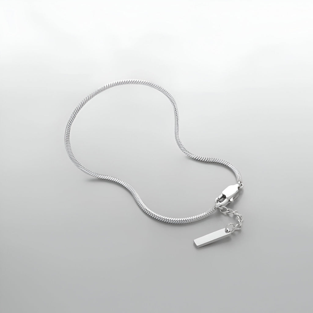 Duo de bracelets homme en acier inoxydable, un jonc lisse et une chaîne maille fine avec pendentif rectangulaire.