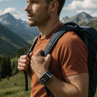 Bracelet Trail Edition en nylon gris avec fermeture velcro sur Apple Watch portée en randonnée.
