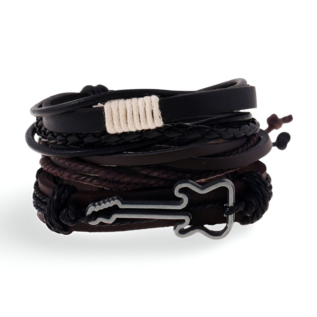 Ensemble de 3 bracelets en cuir marron et noir, avec cordon tressé et charm guitare en métal noir.