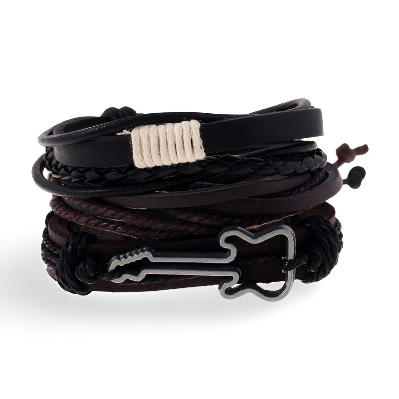 Ensemble de 3 bracelets en cuir marron et noir, avec cordon tressé et charm guitare en métal noir.