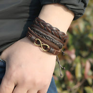 Ensemble de 3 bracelets marron en cuir tressé avec signe infini en métal doré, style mixte.