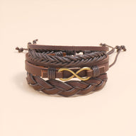 Ensemble de 3 bracelets marron en cuir avec signe infini doré et tressages variés.