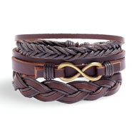 Ensemble de 3 bracelets marron en cuir avec signe infini en métal doré, style tressé et lisse.