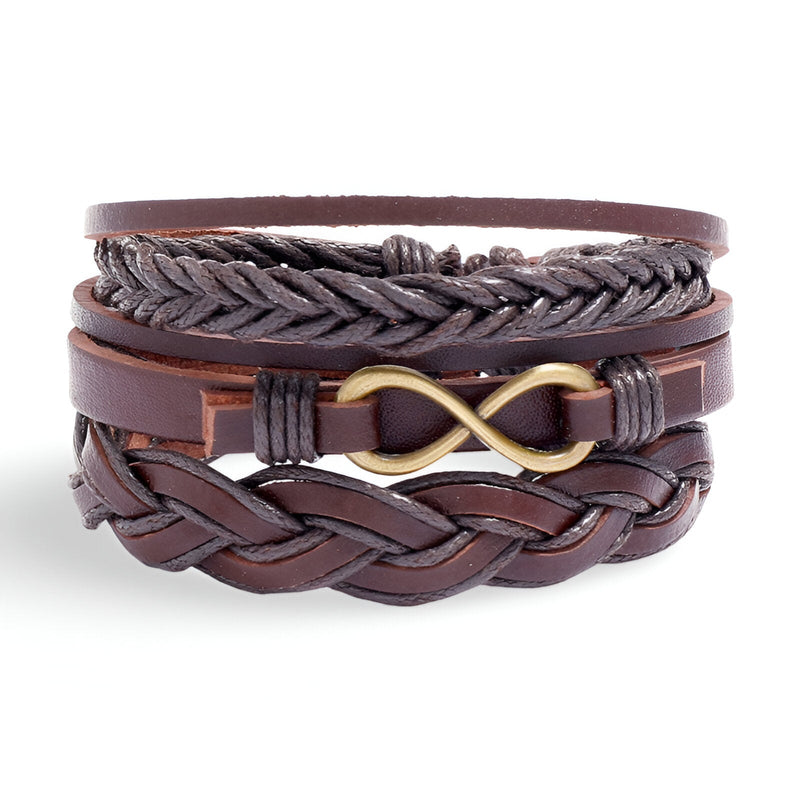 Ensemble de 3 bracelets marron en cuir avec signe infini en métal doré, style tressé et lisse.