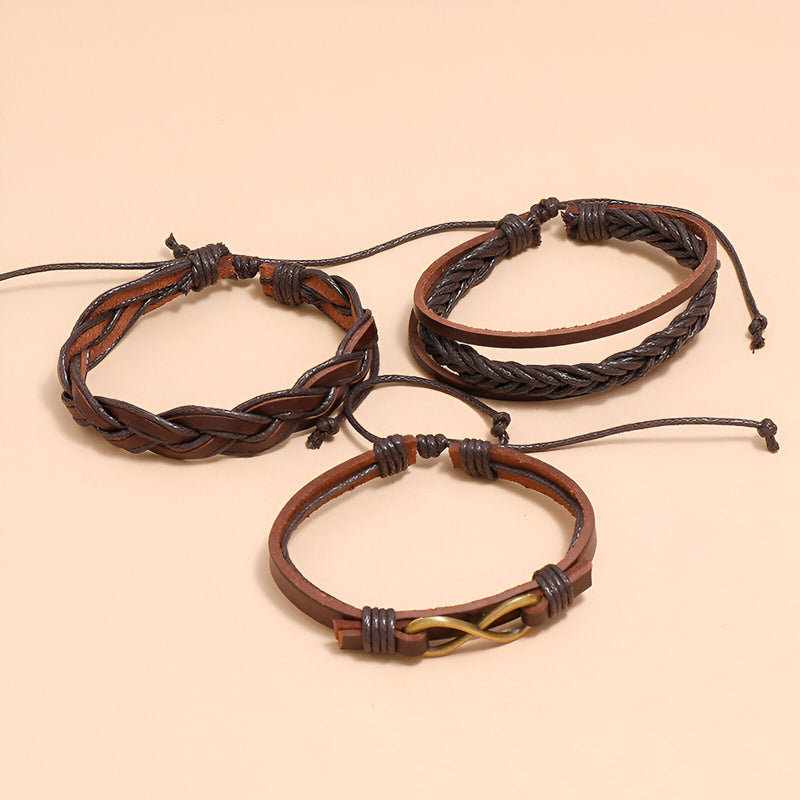 Ensemble de 3 bracelets marron en cuir avec signe infini doré et nœuds coulissants, style mixte.