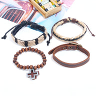 Ensemble de 4 bracelets marron en bois, cuir et corde, avec charm croix, modèle mixte Elian.