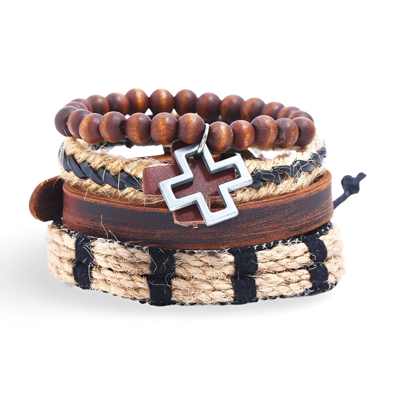 Ensemble de 4 bracelets marron en bois, cuir et corde, avec un charm croix argenté, design mixte.