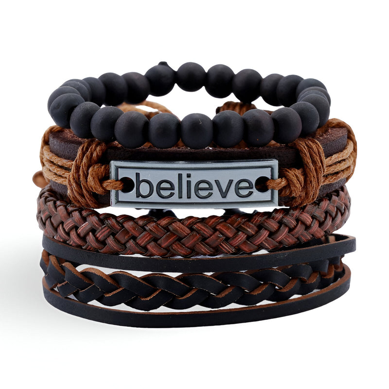 Ensemble de 4 bracelets marron et noir, perles mates, plaque métal "Believe", cordons tressés et cuir tressé.
